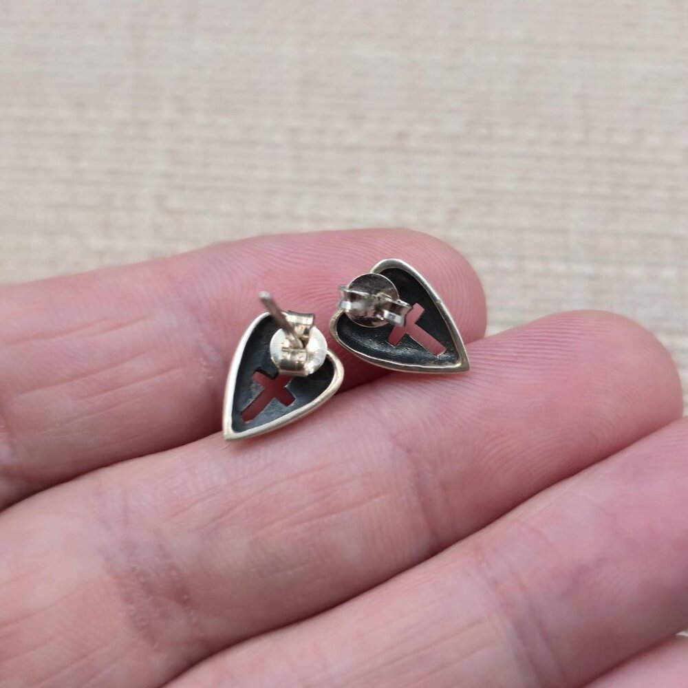 Sterling Silver Religious Cross Heart Stud Earrings A6979 View 4